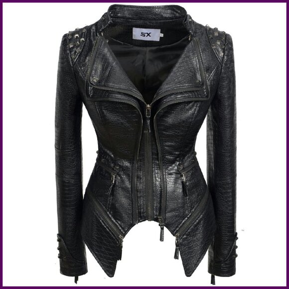 Faux Leather Crocodile Print Biker Jacket Women's XL Perfect Fit